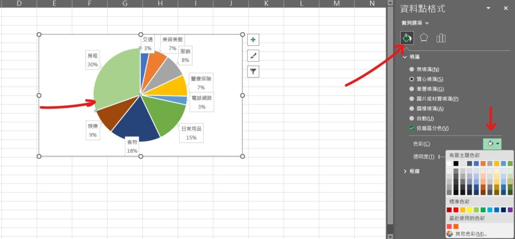 excel 圓餅圖顏色