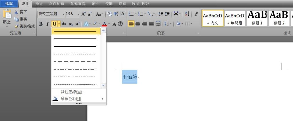 word 人名底線